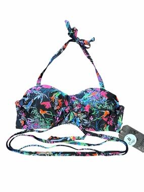 NWT Ripzone Neon Tropical Floral Halter Bandeau Bikini Swim Top Large B Cup